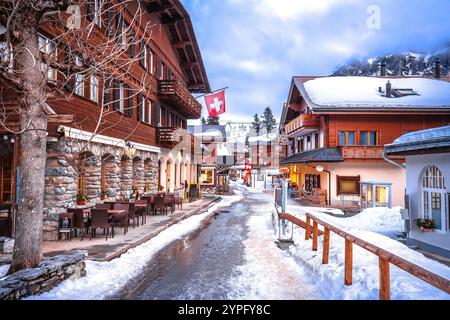 Idyllic Alpine village of Murren snowy street view, Berner Oberland region of Switzerland Stock Photo