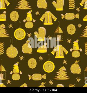 Seamless pattern with elements of Christmas, New Year, winter tinsel in gold tones on a brown background Stock Vector