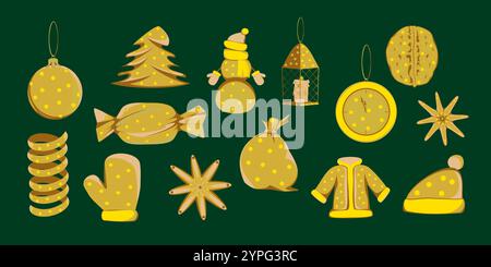 Set with elements of Christmas, New Year, winter tinsel in gold tones on a green background Stock Vector