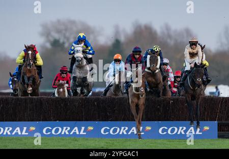 Newbury, United Kingdom. Saturday 30th November 2024. Kandoo Kid and Harry Cobden win the Coral Gold Cup Handicap Chase ( Premier Handicap ) for trainer Paul Nicholls and owner Mr Michael Geoghegan. Credit JTW Equine Images / Alamy Live News Stock Photo