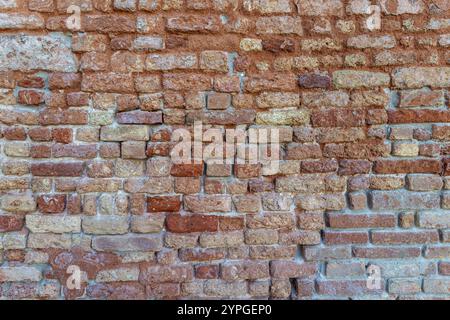 Old Red Brick Wall with Lots of Texture and Color. Abstract pattern of an old red, orange and black brick wall with lots of texture useful for backgro Stock Photo