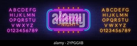 Movie Night Neon Sign on brick wall background. Light text announcement. Pink and yellow neon alphabet. Stock Vector