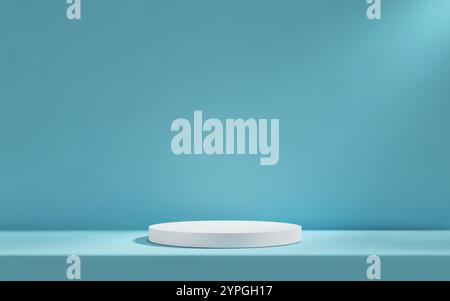 3d white podium in light blue empty room with table. Background studio scene with platform for product presentation Stock Vector