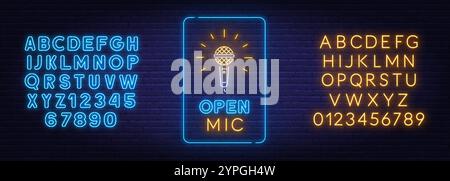 Open Mic Neon Sign on brick wall background. Light poster for a standup show Stock Vector