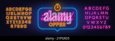 Limited Offer neon sign in speech bubble on brick wall background. Stock Vector