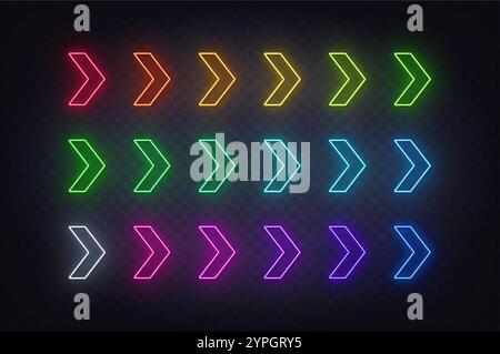 Neon Arrow Sign Set on the transparent background. Stock Vector