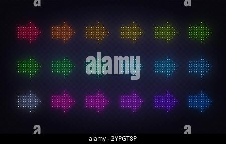 Led Neon Arrow Sign Set on the transparent background. Stock Vector