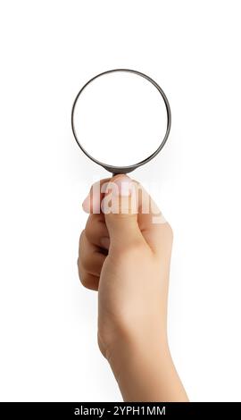 Hand holding a magnifying glass with an isolated background, ideal for mockup designs, branding concepts, or promotional content focused on detail and Stock Photo