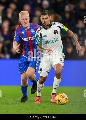 London, UK. 30th Nov, 2024. Crystal Palace, London, England, November 30th 2024: Newcastle United's Bruno Guimaraes (right) under pressure from Crystal Palace's Will Hughes (left) during the Premier League football match between Crystal Palace and Newcastle United at Selhurst Park in London, England. (David Horton/SPP) (David Horton/SPP) Credit: SPP Sport Press Photo. /Alamy Live News Stock Photo