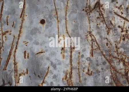 Old metal surface painted with gray paint with rusty scratches and stains on it Stock Photo