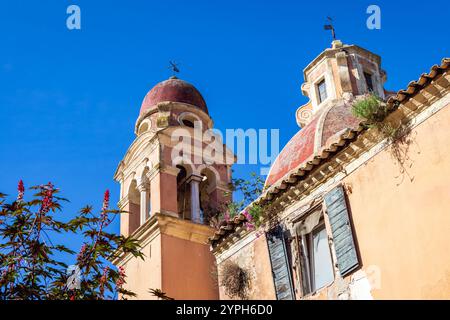 The roof towers of Santa Maria del Carmine Church in the old town of Kerkyra, Corfu Stock Photo