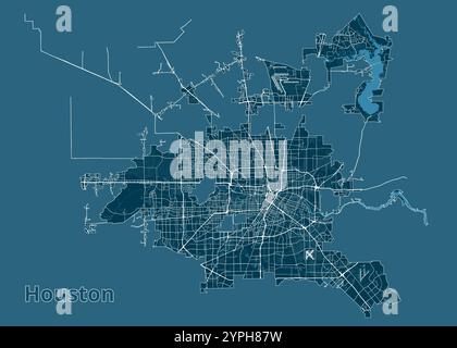 Dark blue Houston city area vector background map, streets and water ...