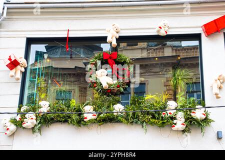 Restaurant window decorated for Christmas in Sibiu, Romania Stock Photo