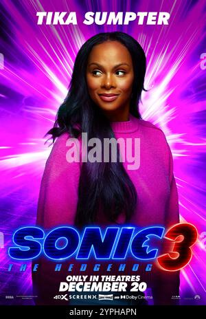 Sonic the Hedgehog 3 (2024) directed by Jeff Fowler and starring Tika Sumpter as Maddie Wachowski. Sonic, Knuckles, and Tails reunite against a powerful new adversary, Shadow, a mysterious villain with powers unlike anything they have faced before. US character poster **EDITORIAL USE ONLY***. Credit: BFA / Paramount Pictures Stock Photo