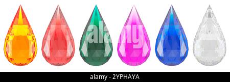 Colored Gems of Drop Cut. Set of color gems in the shape of drop. 3D rendering isolated on white background Stock Photo