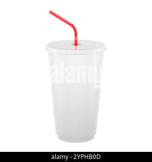 Plastic Cup with Lid and Straw. Disposable PET Cup for Cold Drinks, 3D rendering isolated on white background Stock Photo