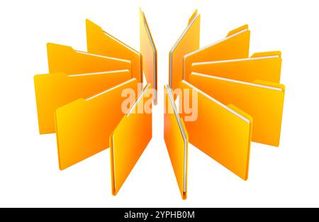 Yellow computer folders in circle, 3D rendering isolated on white background Stock Photo