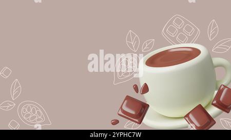 Cocoa and chocolate poster background with 3d realistic chocolate drink and blocks with cocoa beans doodles. Vector design with copy space. Stock Vector