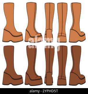 Set of colored retro platform boots. Isolated vector objects on white background. Stock Vector