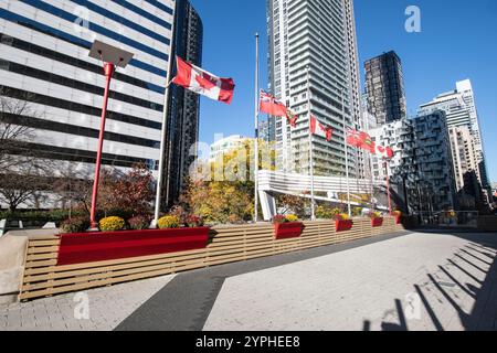 Canadian and Ontario flags in a garden by the CN Tower on Bremner Boulevard in downtown Toronto, Ontario, Canada Stock Photo