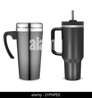 Thermo mug mockup hot drink travel cup vector illustration. Stainless still tumbler with handle template. Hot coffee or tea metallic thermos set isola Stock Vector