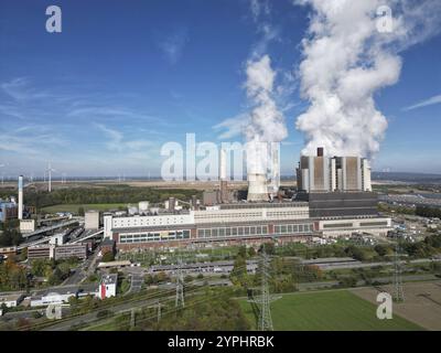 Aerial view of the lignite-fired power station ?Weisweiler?, operated by energy company RWE. The three power units, located near the city of Eschweile Stock Photo