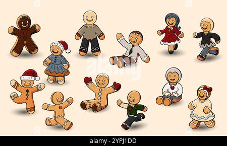 Christmas classic cookie men and women.3d gingerbread men in different poses and angles, Noelle holiday dessert isolated on a white background. Vector Stock Vector