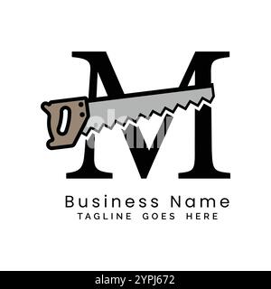 Letter M handsaw logo. Alphabet M woodwork and carpentry icon Stock Vector