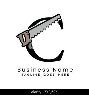 Letter C handsaw logo. Alphabet C woodwork and carpentry icon Stock Vector