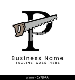 Letter P handsaw logo. Alphabet P woodwork and carpentry icon Stock Vector