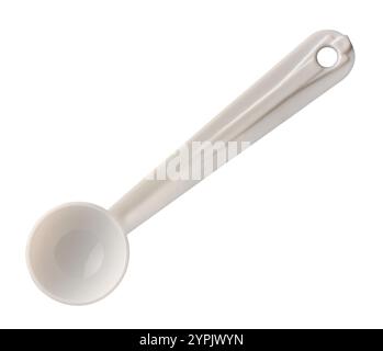 small plastic bowl shape spoon with long handle isolated white background, food grade for measure powdered food, milk protein or supplements Stock Photo
