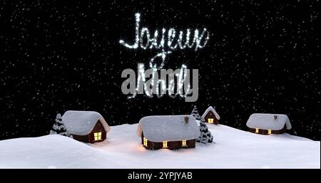 Image of snow falling over joyeux noel text over winter scenery Stock Photo