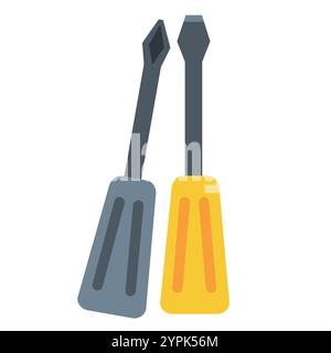 Two screwdrivers, one flat head with a gray handle and one Phillips head with a yellow handle, symbolizing tools and repair. Ideal for DIY Stock Vector
