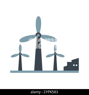 Three wind turbines of varying heights with a building in the background, symbolizing renewable energy and sustainability. Ideal for green energy Stock Vector