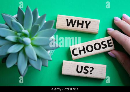 Why choose us symbol. Concept words Why choose us on wooden blocks. Beautiful green background with succulent plant. Businessman hand. Business and Wh Stock Photo