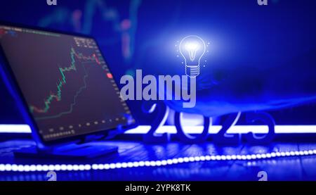 Innovation in Financial Analytics 2025 Illuminating Ideas with Stock Market Trends and Technological Progress in a Futuristic Stock Photo