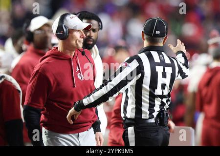 Baton Rouge, United States. 30th Nov, 2024. Oklahoma Sooners head coach Brent Venables talks a the referee during the second half of a Southeastern Conference college football game at Tiger Stadium on Saturday, November 30, 2024 in Baton Rouge, Louisiana. (Photo by Peter G. Forest/Sipa USA) Credit: Sipa USA/Alamy Live News Stock Photo