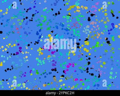 Artistic colourful acrylic paint splatters, drops on blue background. Neon spray paint spots abstract backdrop. Creative collage. Art school concept. Stock Photo