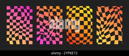 Psychedelic Checkerboard. Neon Groovy hippie 70s backgrounds set. Trippy checkered wallpaper. Retro vector illustration in Y2k style. Funky distorted Stock Vector
