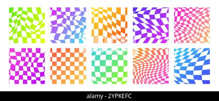 Psychedelic Checkerboard. Neon Groovy hippie 70s backgrounds set. Trippy checkered wallpaper. Retro vector illustration in Y2k style. Funky distorted Stock Vector