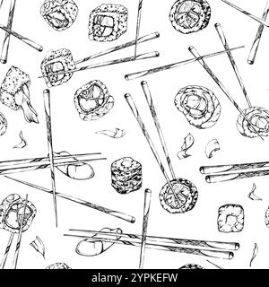 Japanese food sushi rolls, california philadelphia alaska on chopsticks with raw fish salmon unagi tuna shrimp, hand drawn in vector pen and ink Stock Vector