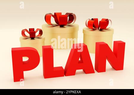 Luxury red inscription plan on grey podium, soft light, front view smooth background, 3d rendering Stock Photo