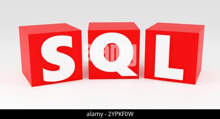 Luxury red inscription sql on grey podium, soft light, front view smooth background, 3d rendering Stock Photo