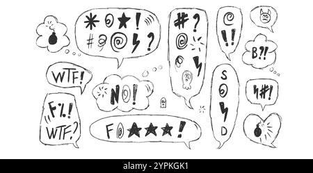 Speech bubbles with swear words set. Curse crayon doodle text. Bad bulling expression on chat dialog boxes. Aggressive swearwords isolated on white background. Vector outline hand drawn illustration Stock Vector