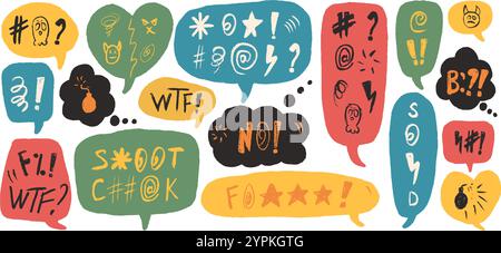 Speech bubbles with swear words. Curse colorful crayon drawing doodle text. Bad emotion expression on chat dialog boxes. Aggressive hate signs isolated on white background. Vector illustration Stock Vector