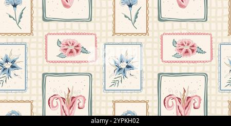 Indian chintz plaid seamless pattern. Farmhouse Modern flower in retro vintage frame endless background. Floral repeat cover with wildflower motif. Vector hand drawn illustration. Stock Vector
