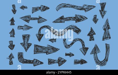 Arrow set pencil drawing. Chalk handwritten symbols. Pointers by pencil isolated. Vector freehand elements illustration Stock Vector