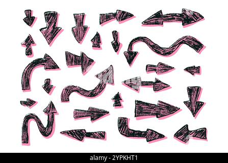 Arrow set crayon drawing. Direction pointers for game. Black navigation with pink shadow. Path marks isolated on white background. Vector hand drawn illustration Stock Vector