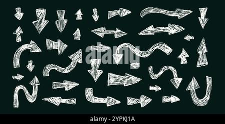 Arrows set chalk drawing. White handwritten textured symbols. Pointers by pencil isolated. Vector freehand elements illustration Stock Vector