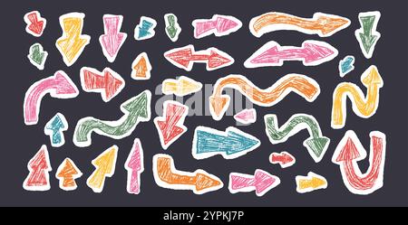 Arrow collage set crayon drawing Pointers isolated. Navigation marks. Colorful kids school elements. Scribble doodle paper signs. Vector hand drawn il Stock Vector